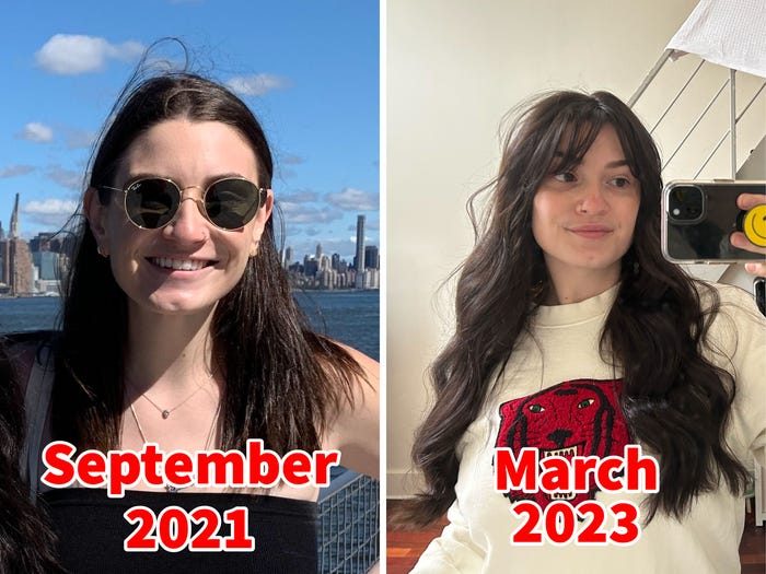 作者 2021 年和 2023 年头发的并排照片。